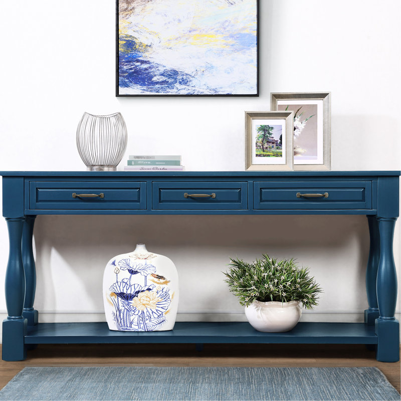 Console de 63 po avec tiroirs de rangement. Bleu marine, structure en bois massif, structure stable, tablette inférieure et tiroir faciles à assembler. Stable, à installer