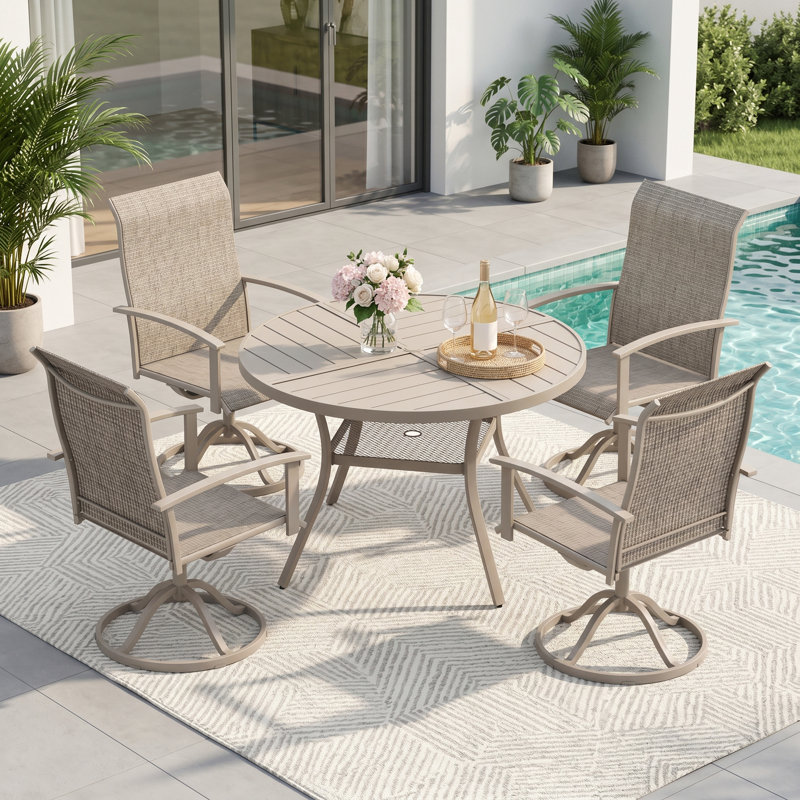 4-Person Round Patio Dining Set With Swivel PVC-Coated Polyester Chairs, Brush Wood Gray/Sandshell
