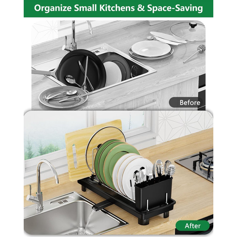 Égouttoir à vaisselle compact avec porte-couverts, égouttoir à comptoir peu encombrant avec séparateurs réglables et drainage automatique pour les petites cuisines