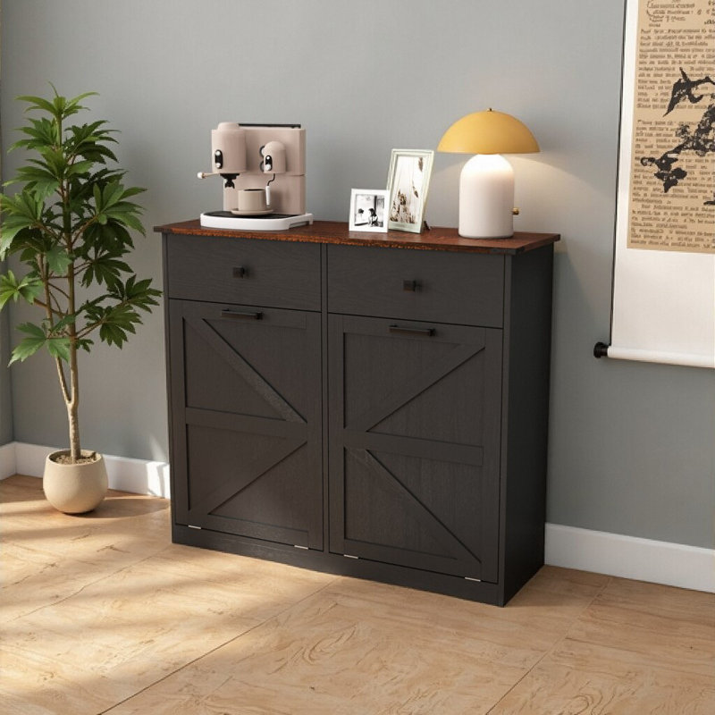 Farmhouse Trash Can Buffet Cabinet - Space-Saving Dual Bin Storage with Barn Doors, Black