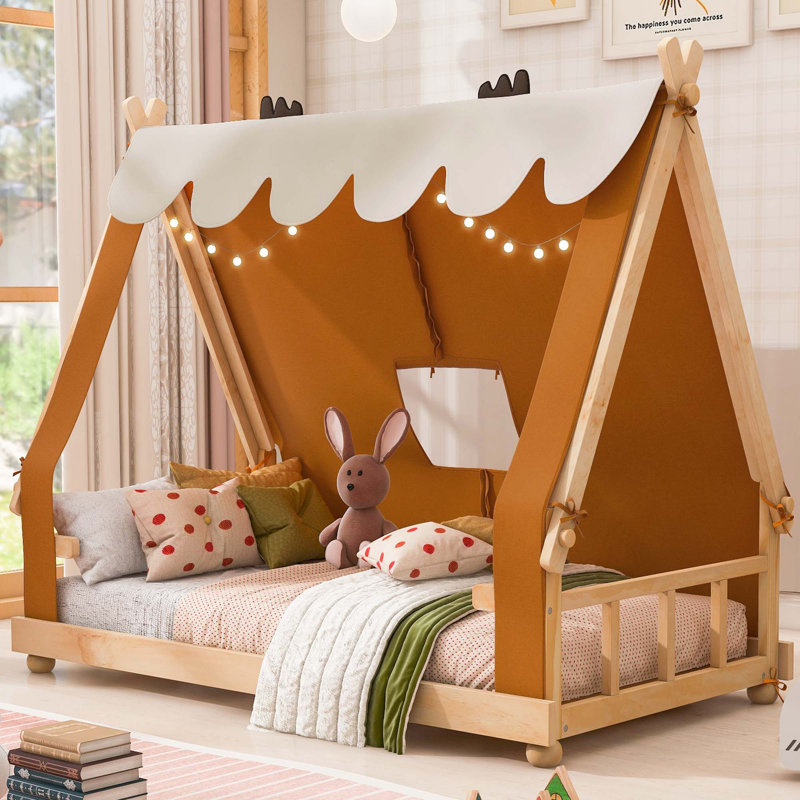 Lit en bois avec tente et lumière, Twin, Brown