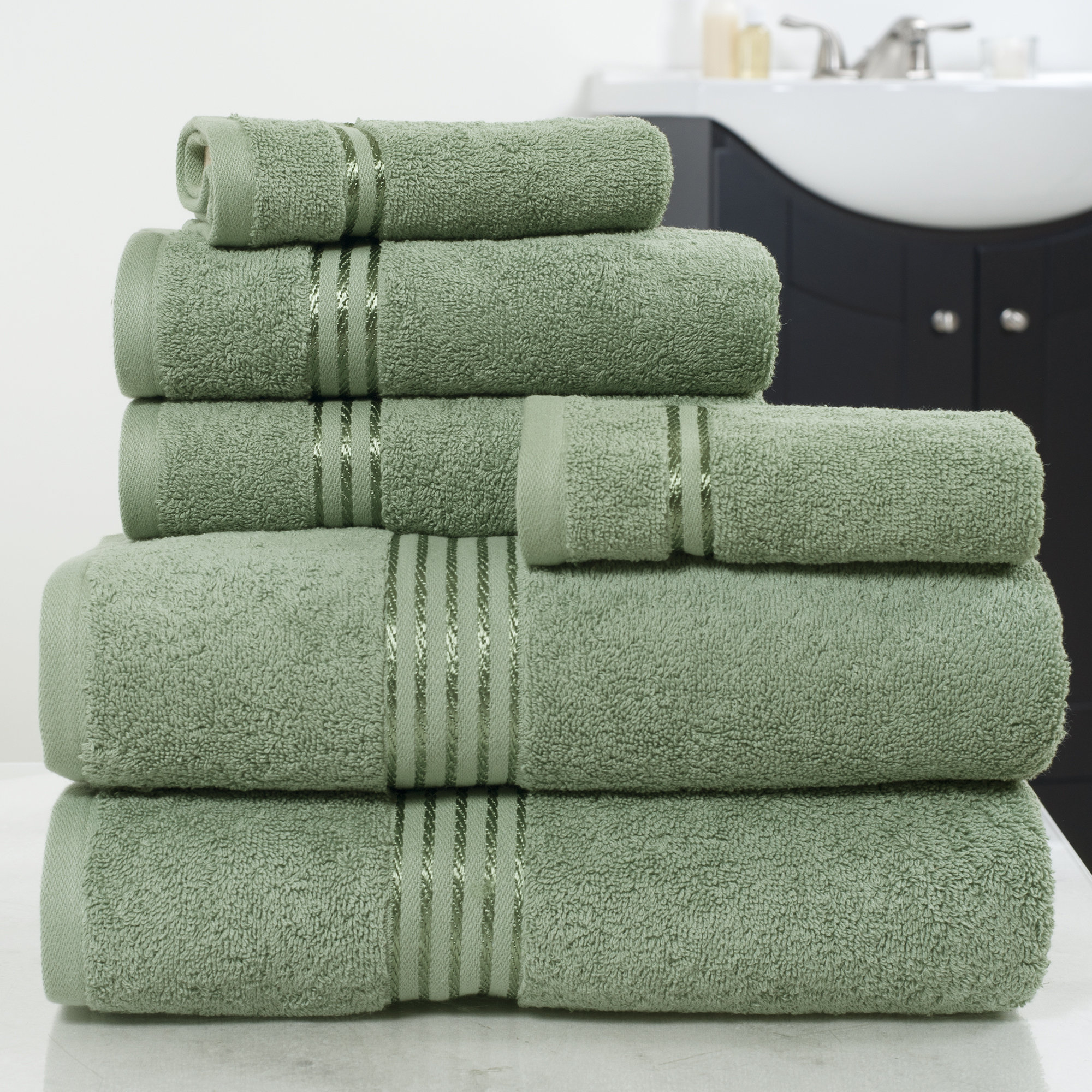 Green Plymouth Home 6PC Towel Set - Cotton Bathroom Accessories with 2 Bath Towels, 2 Hand Towels, and 2 Washcloths - Machine Washable Towels by Lavish Home & Reviews | Wayfair