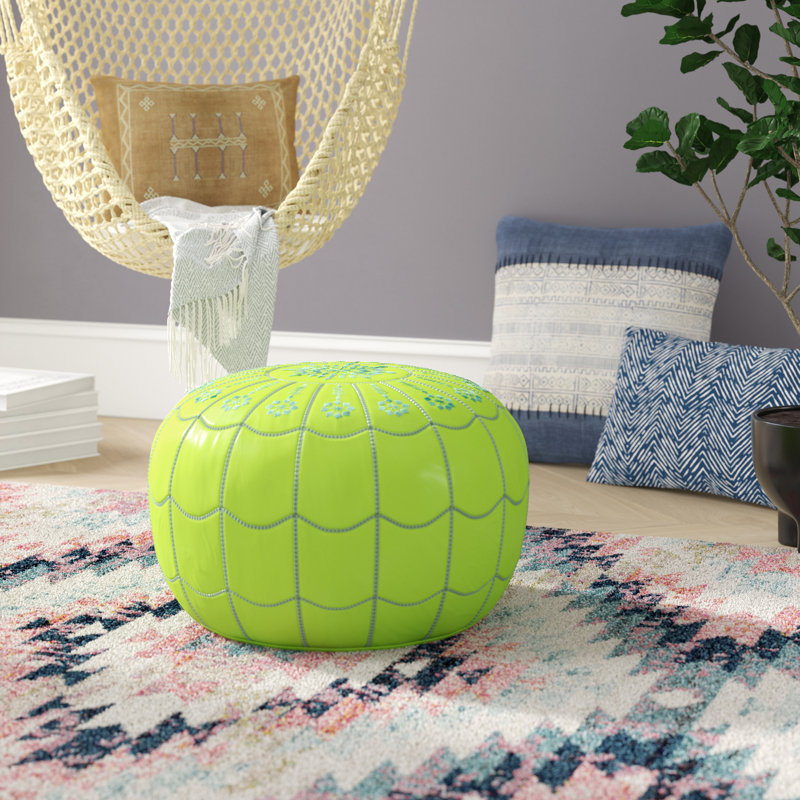 Leather Pouf, Lime Green Genuine Leather