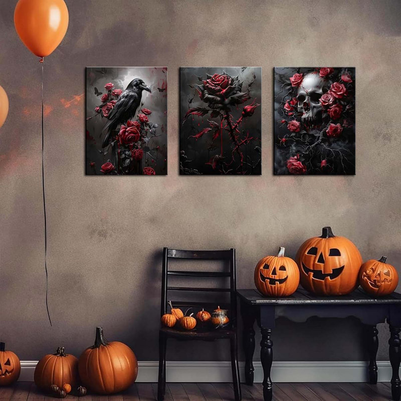 Wall Art Set Of 3, Romantic Rose Halloween Wall Decor Paintings, Dark Goth Crow Skull Posters Prints For Bathroom.