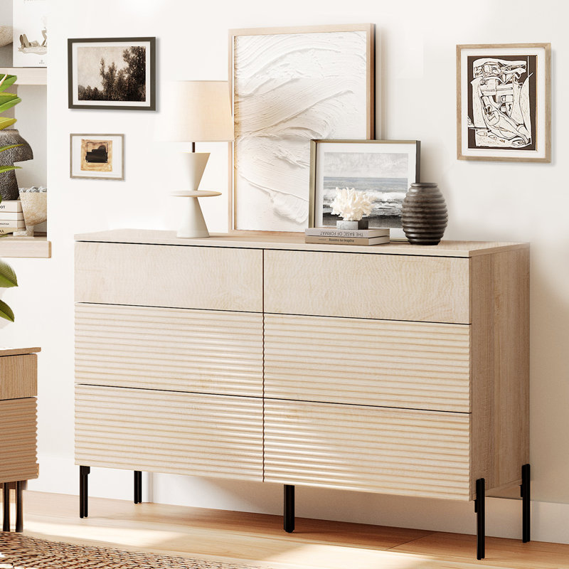 Laverda 6 Drawer Baby Dresser For Bedroom, Double Chest Of Drawers For Kids, Minimalist Reeded Design, Modern Wooden Closet Storage Organizer For Nursery, Living Room, Hallway