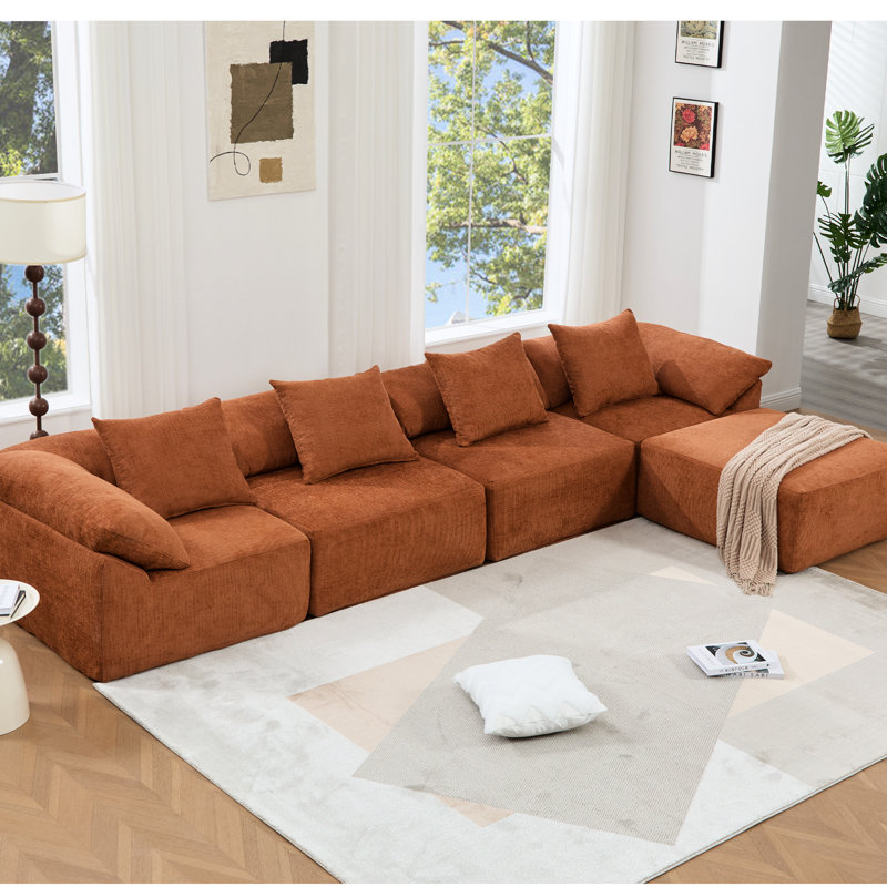 Canapé modulaire en chenille de 142 po en forme de L 142 po, orange, 5 pièces, combiné pour un agencement polyvalent sur mesure