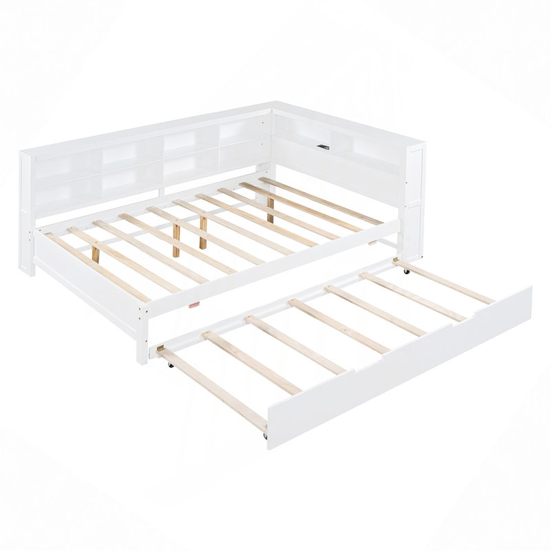 Lit de jour en bois avec lit gigogne, lit de jour avec tablette de rangement et ports de chargement USB