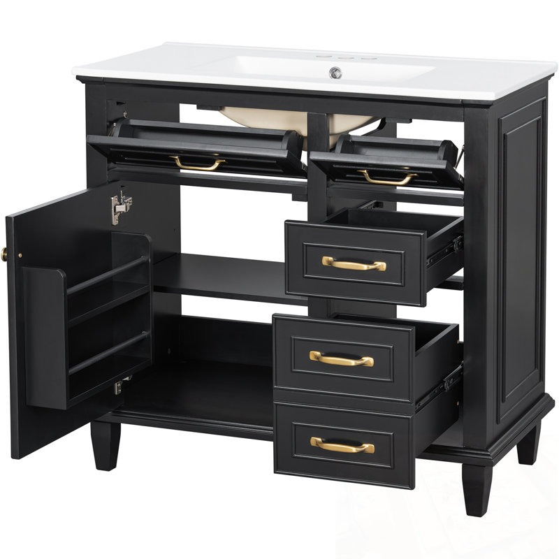 Bathroom Vanity with Sink, Flip Drawers and Adjustable Shelf, Black