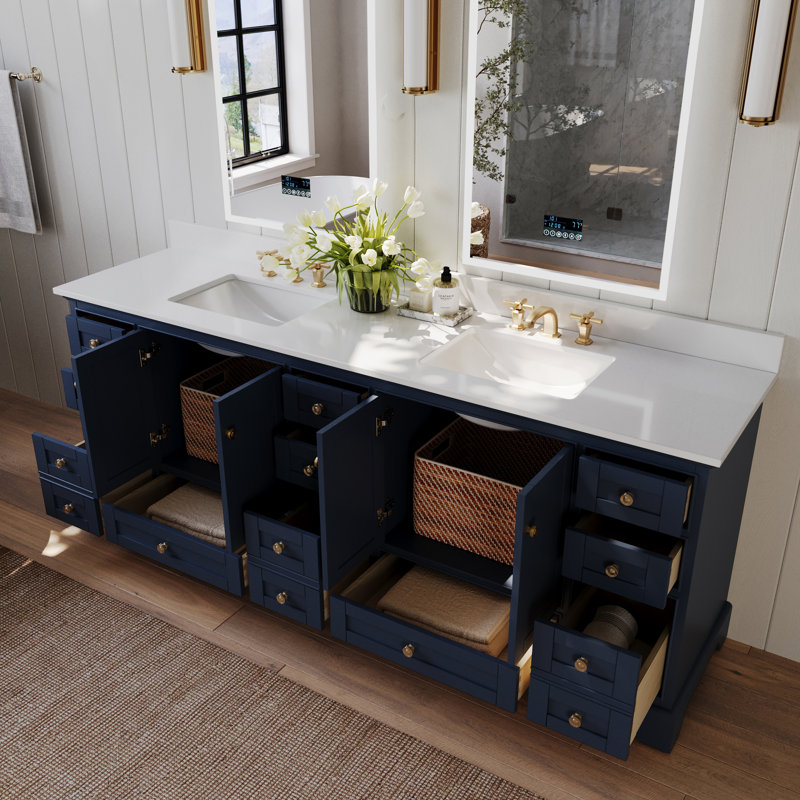 Meuble-lavabo double autoportant Brimfield, Bleu héritage, Or brossé