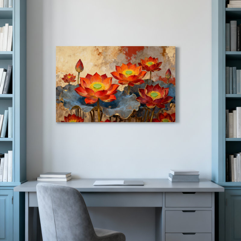 Ensemble de 1 tableau abstrait de fleurs de lotus sur toile tendue, H 12 po x l 18 po