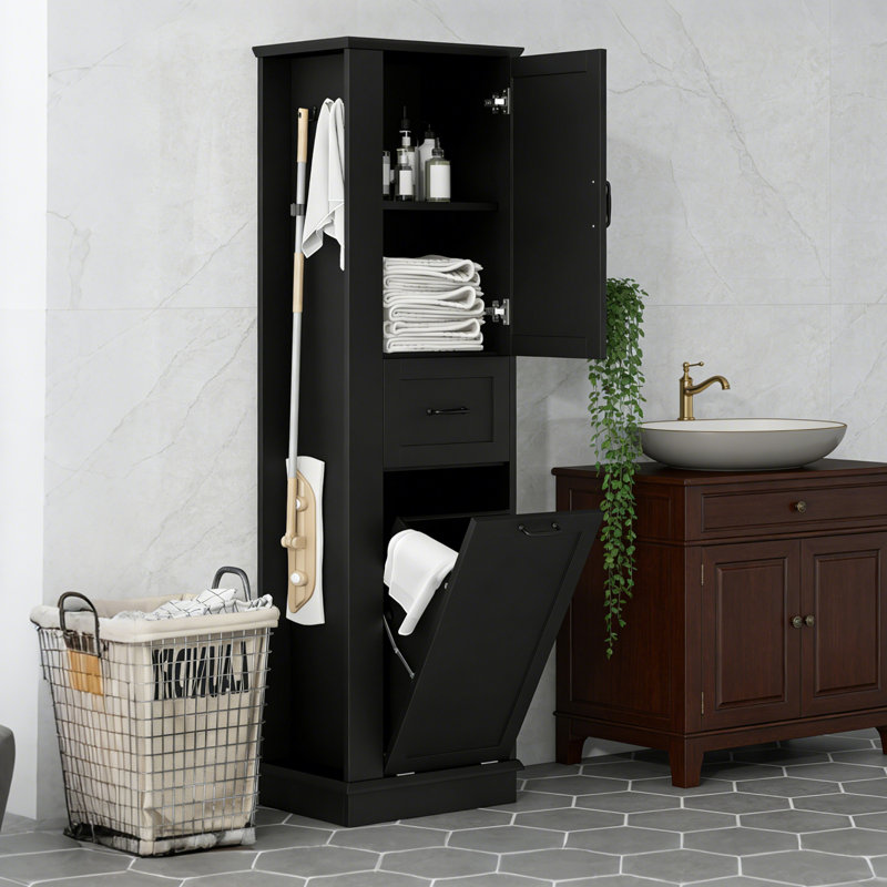 Modern Tall Bathroom Storage Cabinet With Tilt-Out Compartment,Adjustable Shelves,Soft-Close Hinges, Black