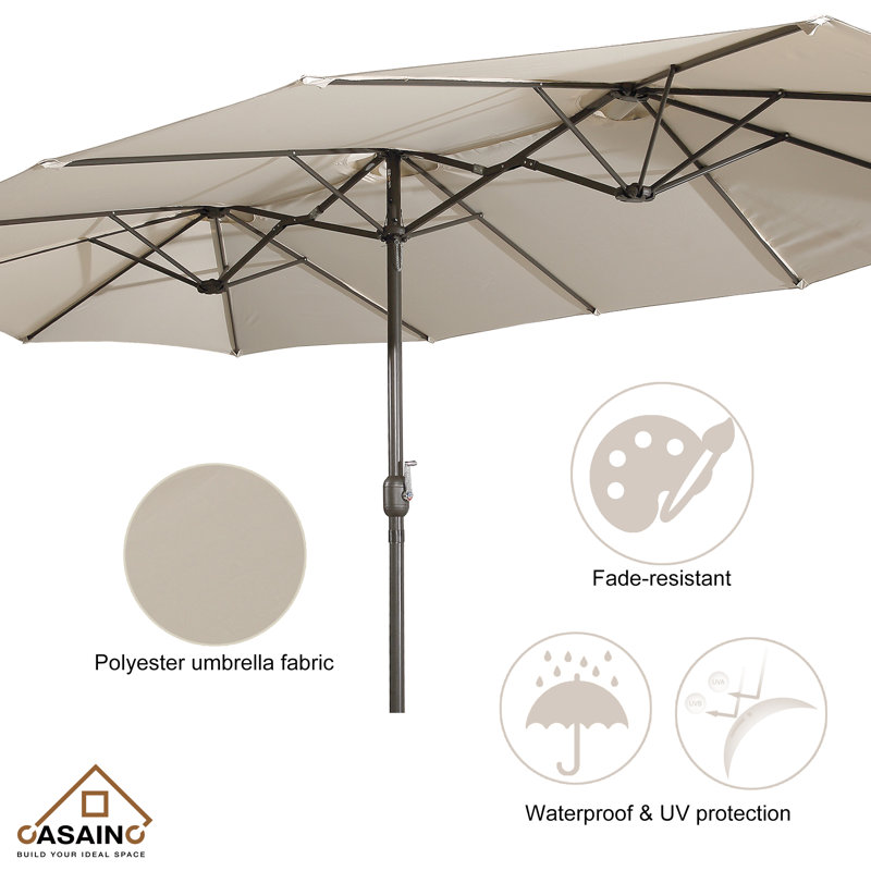 Beige 15-ft Steel Double-Sided Patio Umbrella with Base