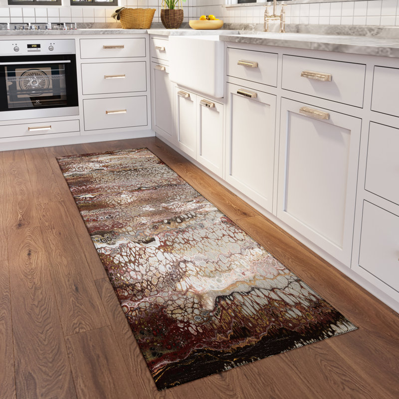 Tapis abstrait brun tissé à la machine, Tapis de couloir 2 pi 3 po x 7 pi 6 po