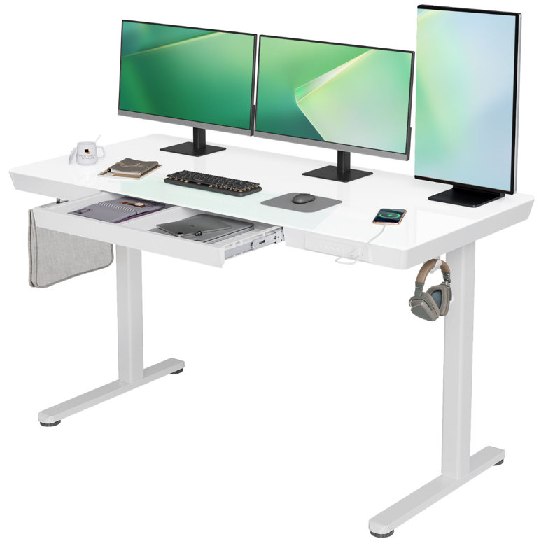 Tempered Glass Top Height Adjustable Standing Desk, Computer Desk with Drawer and USB Charge, 46.5" H x 55" W x 24" D, White
