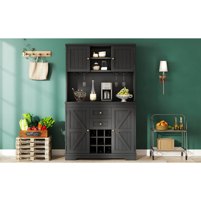 Armoire à café en noir - Buffet avec tablettes supplémentaires. Tiroirs, vin et rangement. Et panneau de particules. Assemblage inclus: tiroirs de garde-manger. Tablettes, instructions rapides