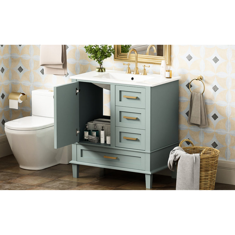 Meuble-lavabo de 30 po: rangement spacieux avec 3 tiroirs et 1 porte à fermeture en douceur, fabrication en bois massif, lavabo en céramique pour un entretien facile du meuble-lavabo moderne, tiroirs, fonction de fermeture, comptoir blanc,
