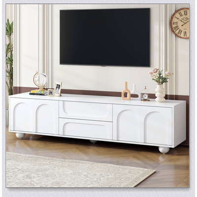 Meuble télé de style crème avec portes arquées et 2 tiroirs pour téléviseurs de 75 po ou moins, console média minimaliste avec dispositif de rebond, centre de divertissement