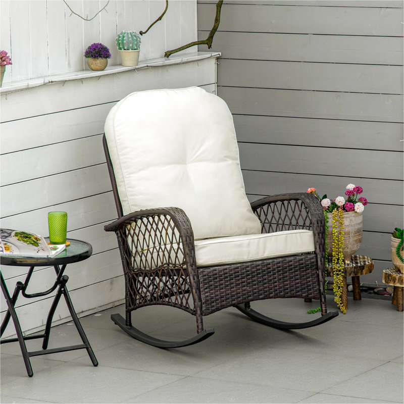Outsunny Outdoor Wicker Rocking Chair with Wide Seat, Thick, Soft Cushion, Rattan Rocker w/Steel Frame, High Weight Capacity for Patio, Garden, Backyard, Cream White