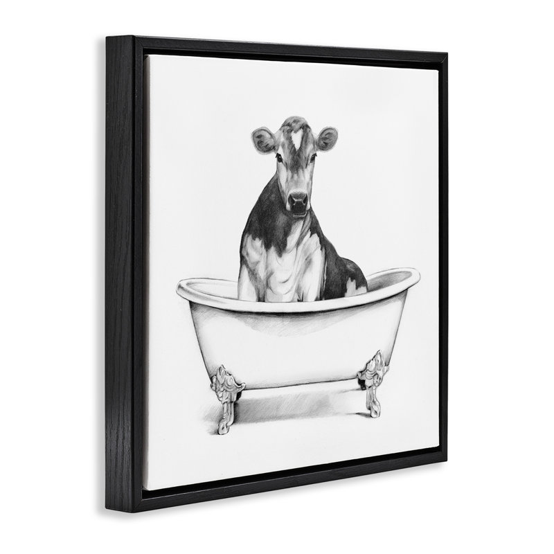 "Vache dans la baignoire", art mural encadré par Victoria Borges, Cadre flottant noir de jais, H 18 po x l 18 po
