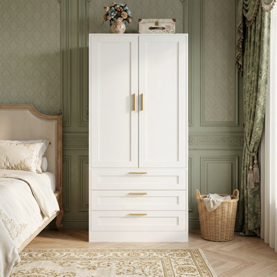 27.5" × 68" Wardrobe Armoire With 3 Drawers, Closet Organizer With Doors & Hanging Rod