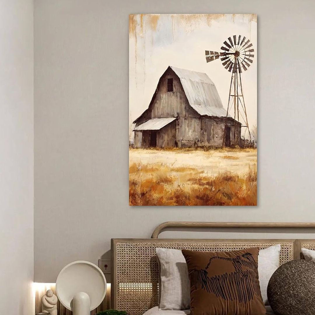 Rustic Farmhouse Wall Art Old Barn Picture Canvas Print Windmill Painting Country Scenery Poster Vintage Artwork for Home Living Room Bathroom Bedroom