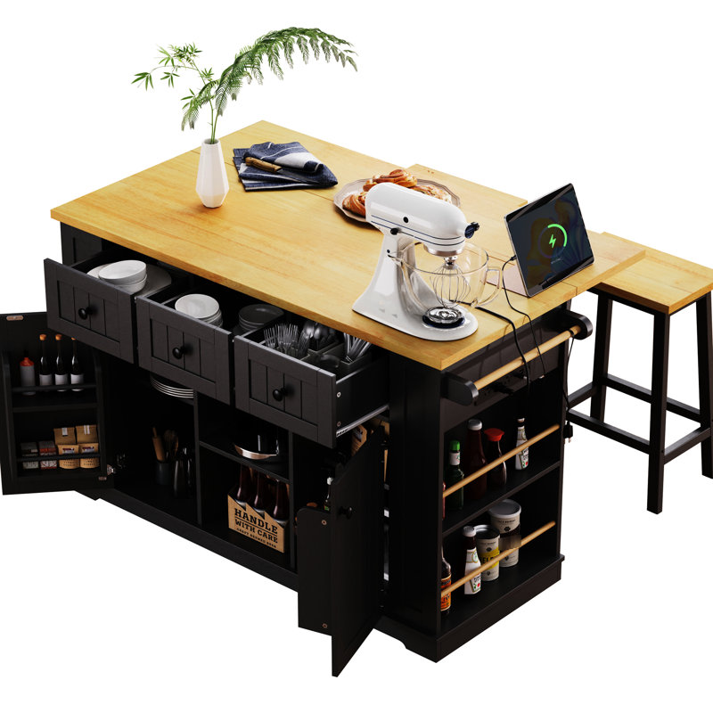 Kitchen Island Cart With 2 Stools, Power Supply, Internal Storage, Drop Leaf, 5 Side , 3 Drawers, For Gorgeous Spaces, Black Creative