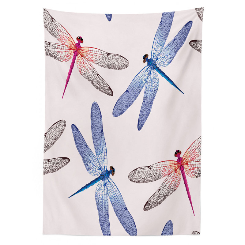 Dragonfly Tablecloth, Dragonfly Forms High Detailed Ornate Irregular Macro Retro Simplistic Print, Rectangular Table Cover For Dining Room Kitchen Decor, 52" X 70", Pink Blue