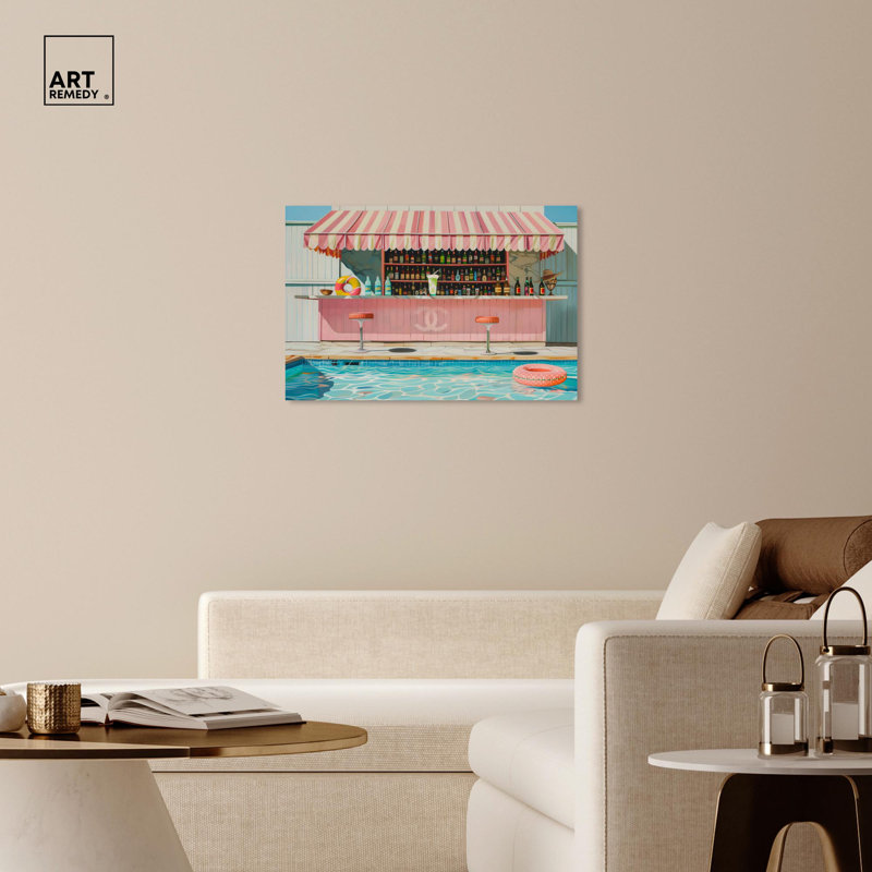 «Pink Pool Bar Party» par Glam Coastal Art , H 24 po x l 36 po, Toile tendue