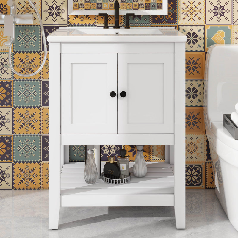 Meuble-lavabo moderne 24 po avec lavabo en céramique exquis et tablette ouverte, Blanc