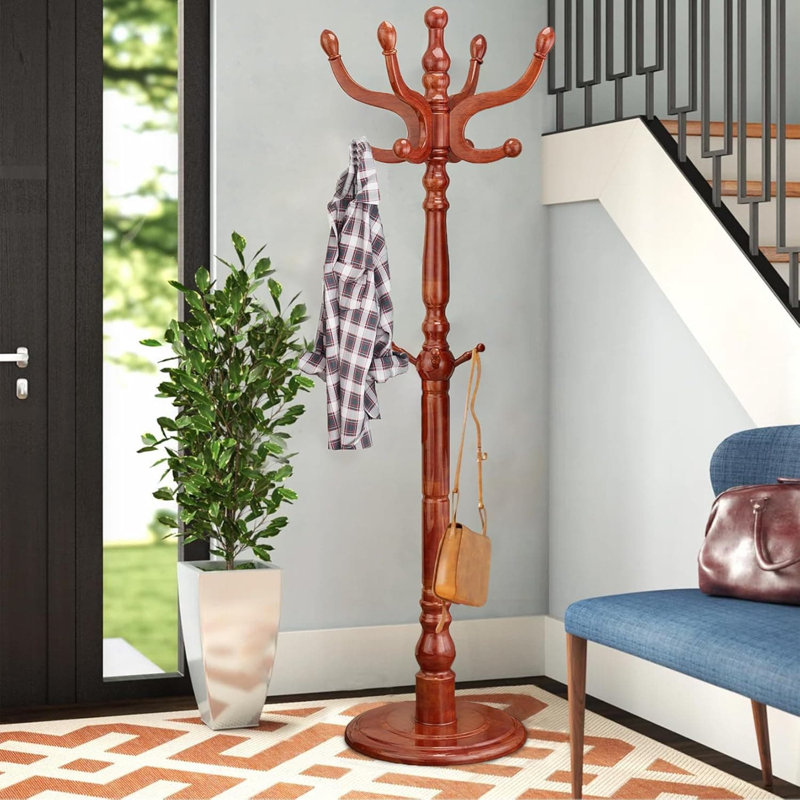 Freestanding Coat Rack With 11 Smooth Hooks And Stable Disc Base, Heavy Duty Vintage Style Wooden Coat Tree For Entryway, Bedroom, Or Hallway