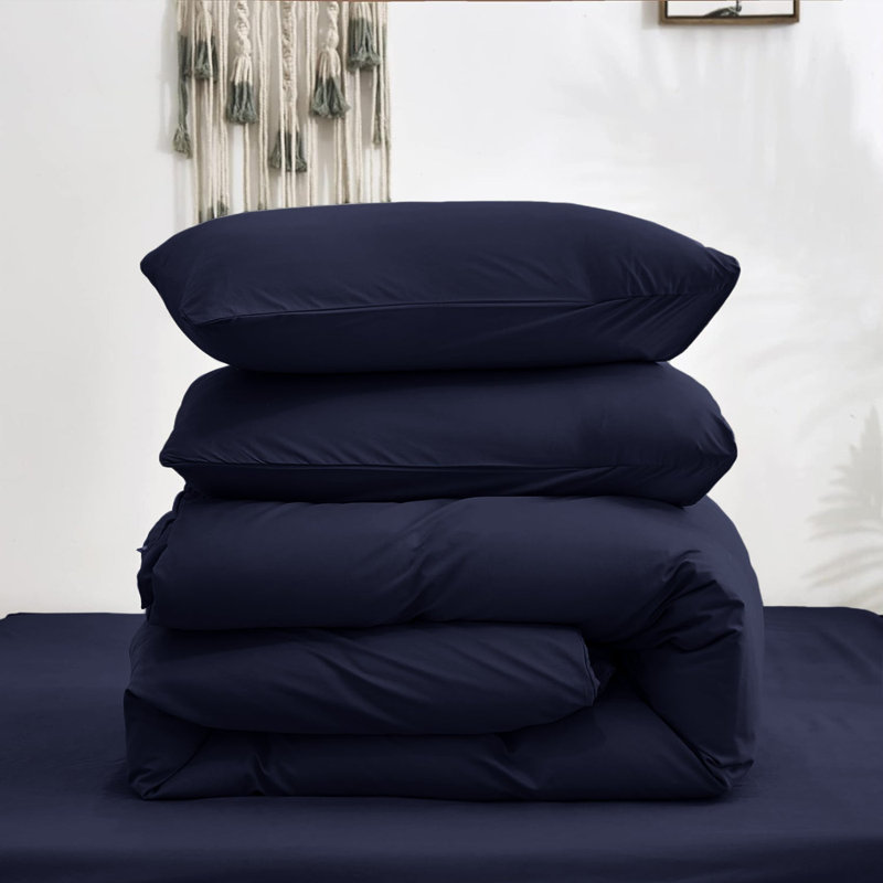 Premium 4-Piece Ultra-Soft Microfiber Duvet Complete Cover Set, Super King Duvet Cover + 3 Additional Pieces, Navy