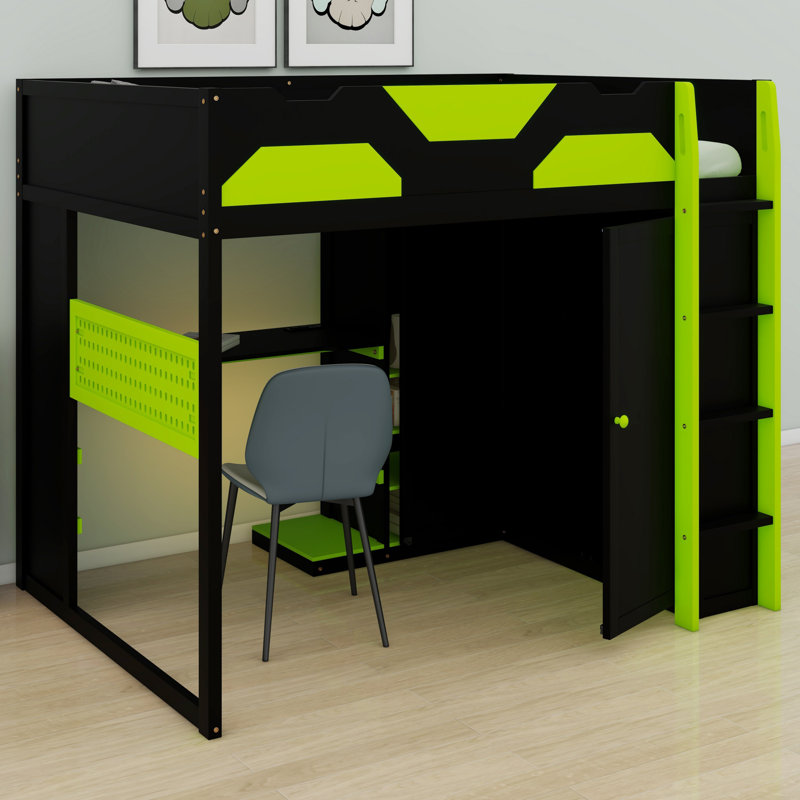 Lit mezzanine contemporain en bois avec bureau, garde-robe, tablettes de rangement, éclairage RVB et USB, Vert / noir