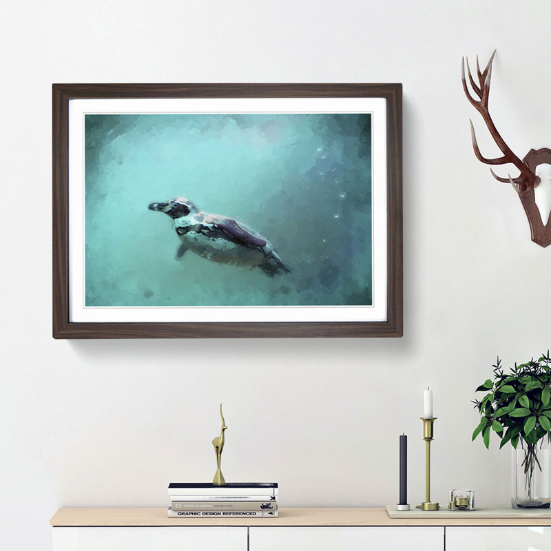 Solo Swimming Penguin in Abstract - Framed Print, 36cm H x 48cm W x 2cm D, Walnut Framed