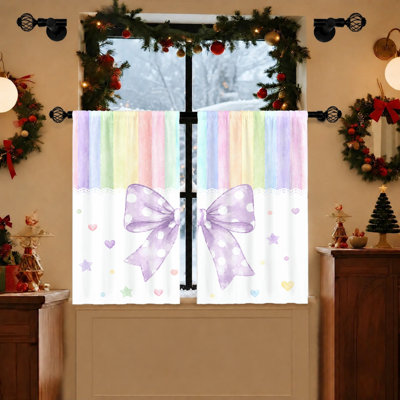 2Pcs Watercolor Bow Curtains, Pastel Rainbow Stripes Design, Cute Hearts and Stars Pattern, Light Filtering Fabric, Privacy Protection Drapes for Living Room Bedroom Balcony Kitchen Home Decor