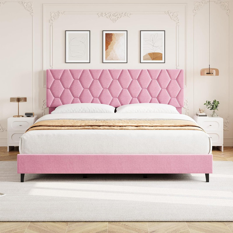 Full Bed Frame With Upholstered Headboard, Heavy-Duty Platform Bed Frame With Strong Wood Slats, Full, Pink