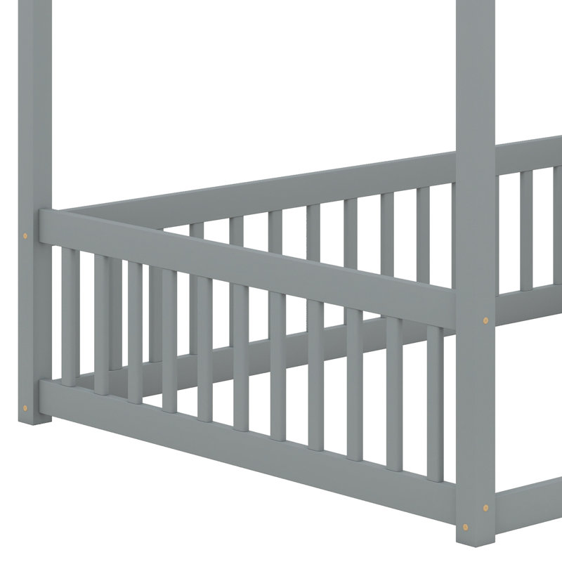 Canopy Frame Floor Bed Featuring Safety Fence And Guardrails, Gray