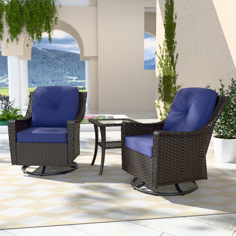 2 - Person Outdoor Swivel Wicker Glider Seating Group with Side Table, Blue