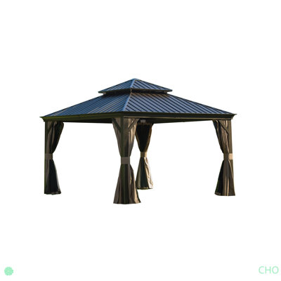 Hardtop Gazebo, Outdoor Aluminum Frame Canopy With Galvanized Steel Double Roof, Outdoor Permanent Metal Pavilion With Curtains And Netting For Patio, Backyard And Lawn