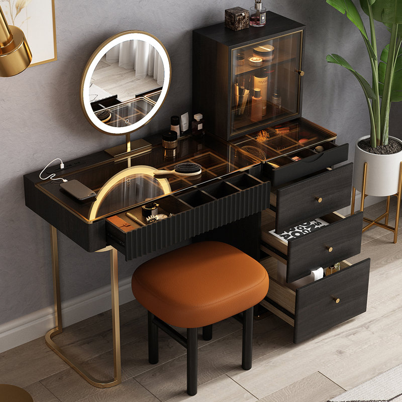 High Quality Makeup Vanity with Stool, Very Easy to Assemble, Glass top, with power outlet, extra-la, Black/Gold/Black wood