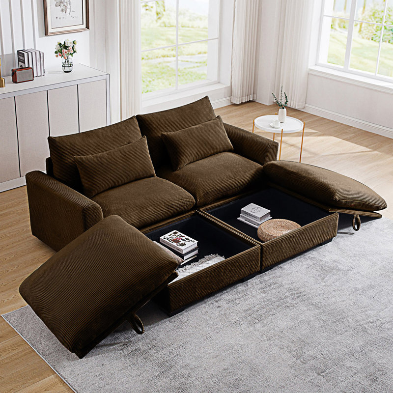 Canapé deux places avec 2 repose-pieds de rangement et canapé modulaire 2 places, Brun