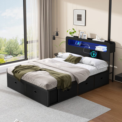 Cadre de lit grand format avec rangement pour tête de lit moderne à DEL RVB, prises de courant et tiroirs de rangement amovibles en tissu