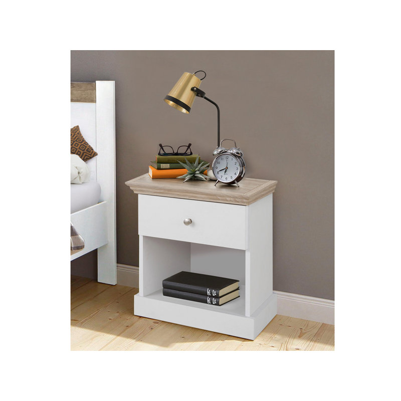 1 Drawer Bedside Table Modern, White/Oak