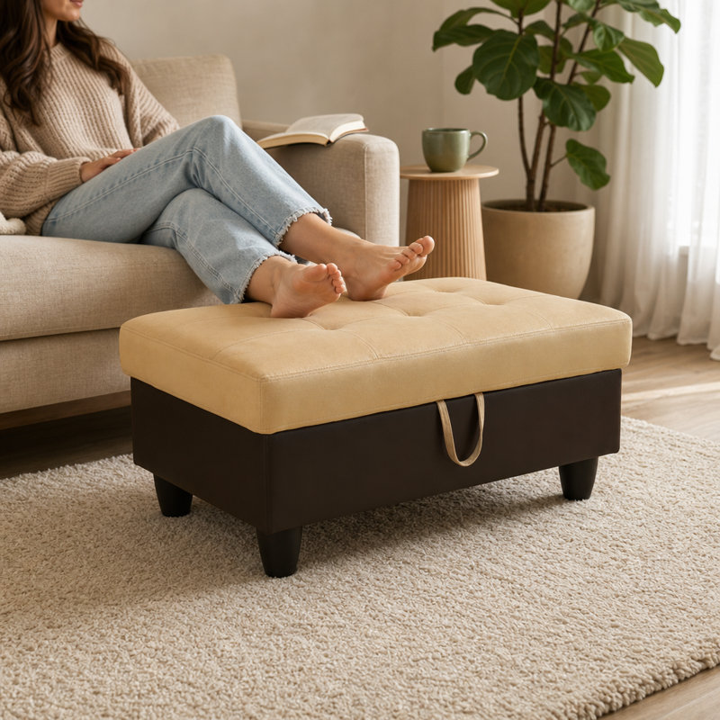 Repose-pieds beige et brun en similicuir et non pelucheux avec rangement - Repose-pieds élégant pour le salon, Beige