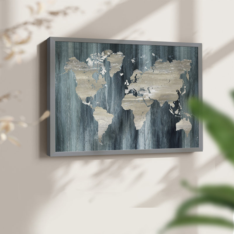 Carte du monde bleu marine - impression encadrée - réarmable, H 22 po x l 28 po, Gris