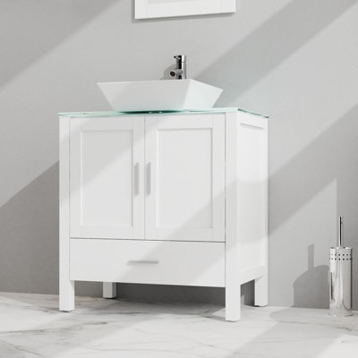 Bathroom Vanity With Sink And Mirror In White. Glass Top Cabinet. 18.5*30*31.5 Inch. 2 Doors, 1 Drawer. Abundant Storage. Smooth Finish. Door Hinges. Easy Assembly 30" White Mirror. Gentle Closing To
