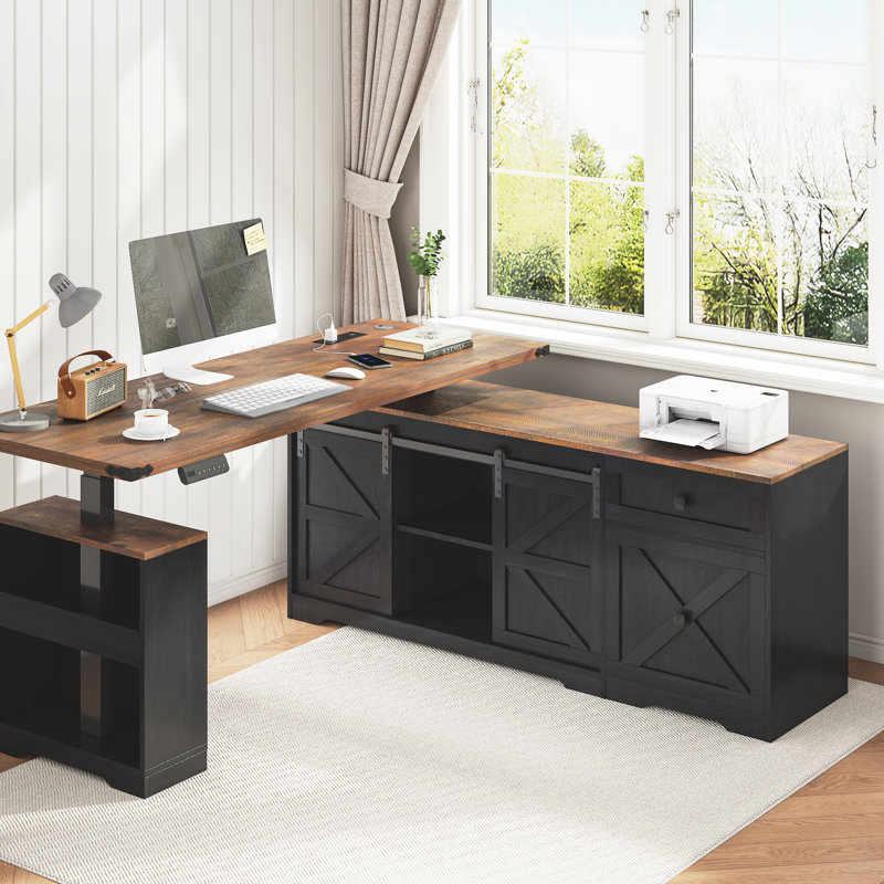 55'' L-Shaped Farmhouse Electric Standing Desk, Height Adjustable Sit Stand Corner Desk with Power Outlets, Storage Drawers & Sliding Door for Home Office