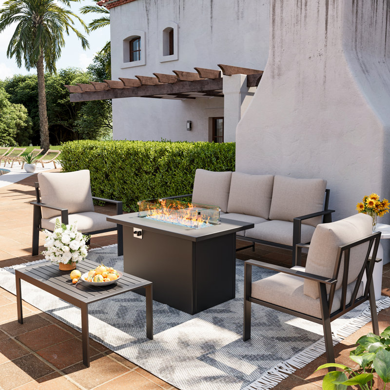 Aluminum Outdoor Conversation Set 5-Person Patio Set with Fire Pit & Coffee Table, Beige, Yes
