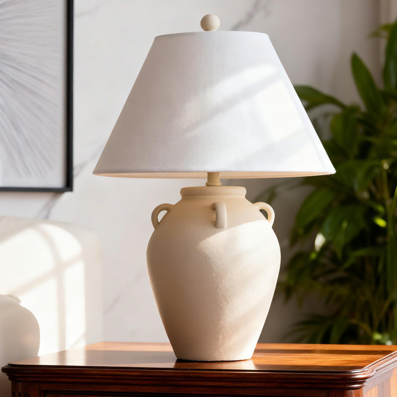 Carrizalez 25 po. Blanc rustique en céramique à intensité variable pour chambre à coucher, salon, table de chevet, table de chevet, lampe de table simple avec abat-jour empire en lin