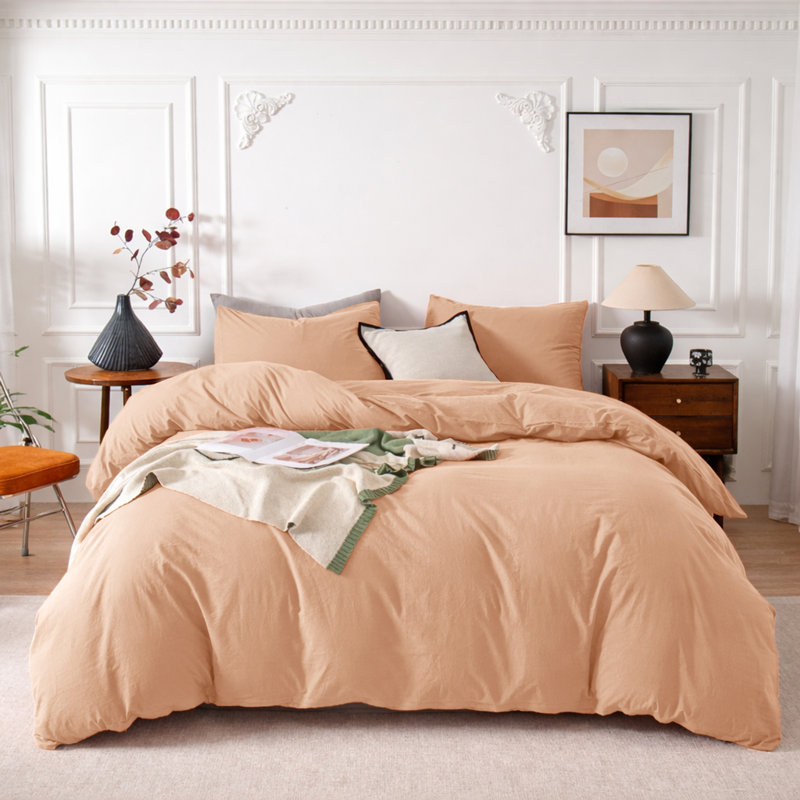 3-Piece Dyed Duvet Cover Set With Pillowcases, Super King Duvet Cover + 2 Standard Pillowcases, Peach