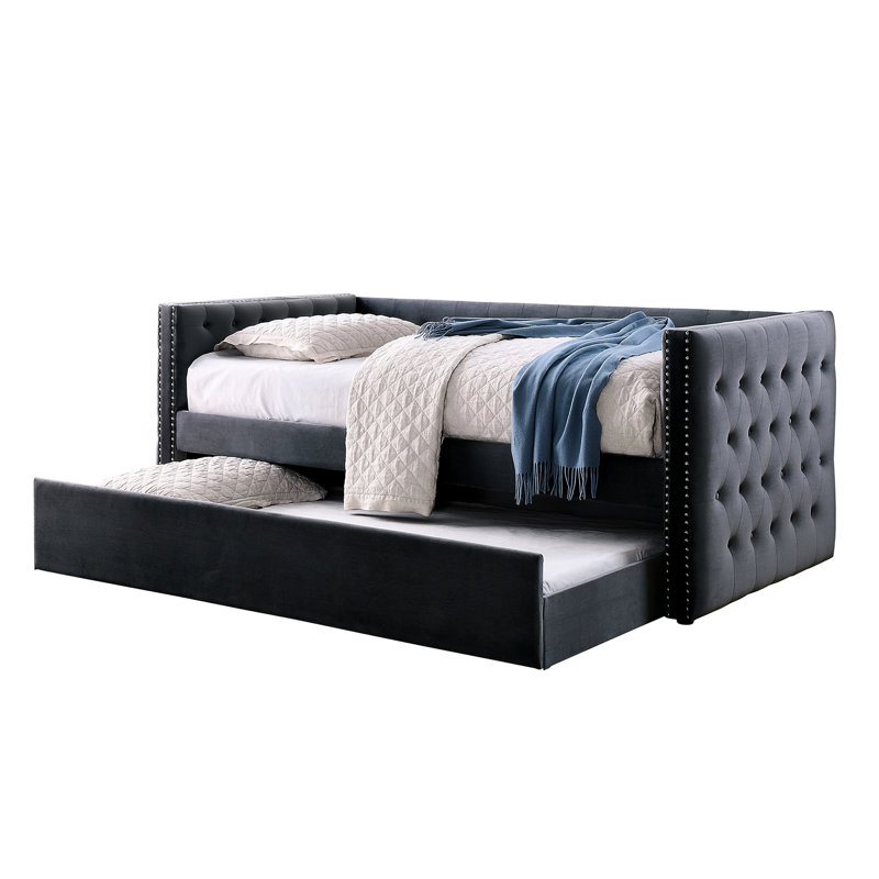 Daybed With Trundle Of Gray Transitional Mood, Padded Flannelette Upholstery Button - , Nailhead Trim Design, Slat Kit Present Style Trundle, And Offered